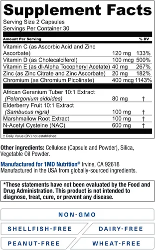 Vista 5 de 1MD Nutrition BreatheMD Suplemento de apoyo pulmonar y respiratorio Promueve un sistema inmunológico saludable con saúco, cromo y NAC 60