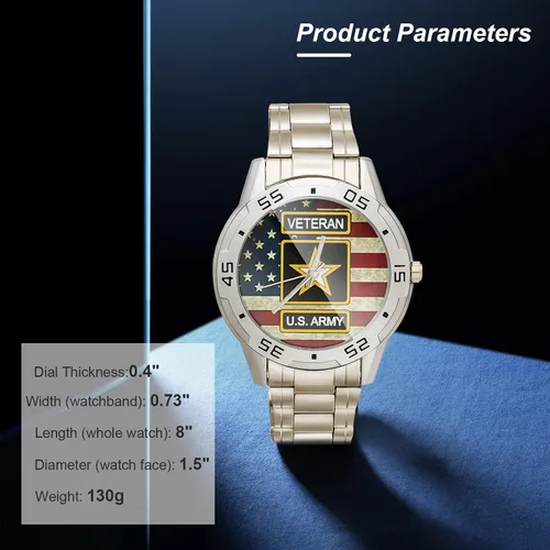 Vista 6 de Reloj analógico de acero inoxidable para hombre diseño especial militar veterano y bandera estadounidense diseño personalizado con caja de metal