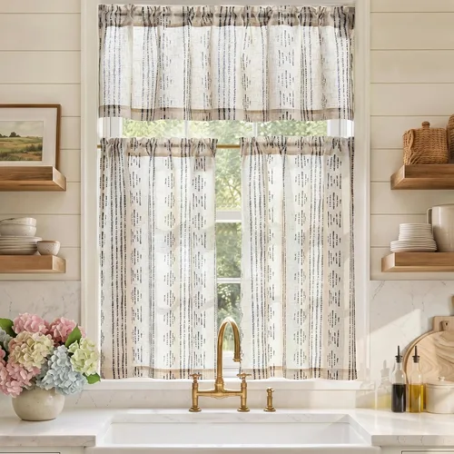 Vista 16 de Jinchan - Juego de cortinas y cenefas de cocina estilo bohemio negro sobre beige y bolsillo para barra Boho Negro sobre Beige