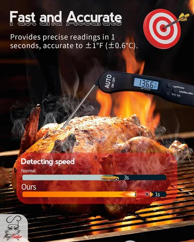 Vista 2 de Termómetro ultrarrápido para carne de lectura instantánea de 1.2 s para asar y ahumar, precisión de ± 1 °F con calibración, LCD retroiluminado