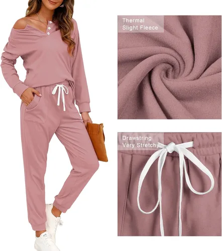 Vista 3 de Wiholl - Conjuntos de dos piezas para mujer: ropa cómoda con sudadera abotonada y pantalones deportivos con bolsillos