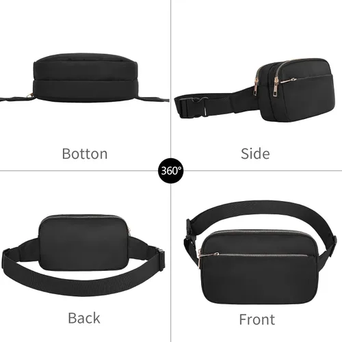 Vista 2 de Riñonera de moda para mujer con correa ajustable para viajes, correr, senderismo, caminar, 3-Cremallera Negro, 1 paquete de cangurera de 3