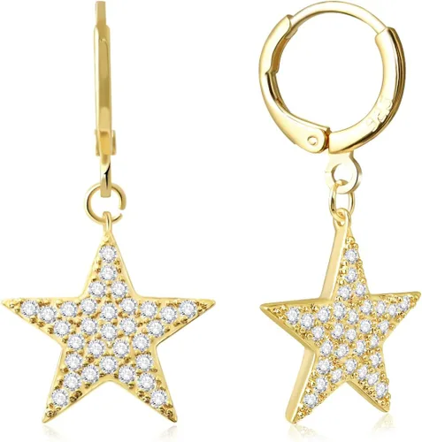 Vista 8 de Aretes colgantes de aro con diamantes de imitación de estrella de plata de ley 925/oro para mujeres