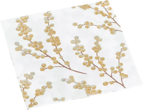 Vista 4 de Entertaining with Caspari Berry Branches - Servilletas de papel para cóctel, color blanco y dorado, paquete de 20
