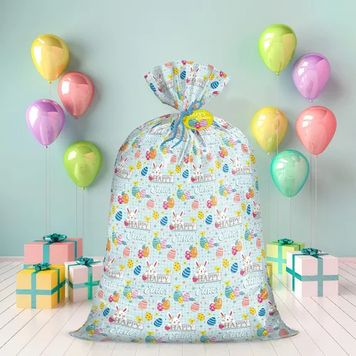 Vista 3 de WRAPAHOLIC Bolsa de regalo grande de plástico de Pascua de 56 pulgadas, bolsa de bicicleta de conejo y huevo, envoltura de regalo para Pascua