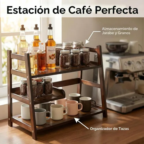 Vista 3 de Estación de bambú Matcha de 3 niveles, estante organizador de Marrón