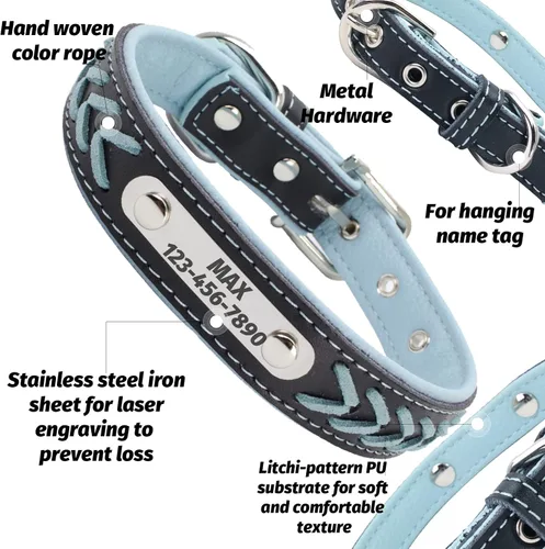 Vista 3 de LINMAGCO Collar reflectante personalizado para perro con campanas, estilo de cuero suave, resistente y ajustable, con placa de identificación Azul