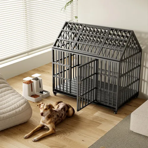 Vista 7 de Jaula grande de 52 pulgadas para perros resistente, indestructible XL/XXL con 4 ruedas bloqueables y 2 bandejas, jaula de impacto a prueba de fugas