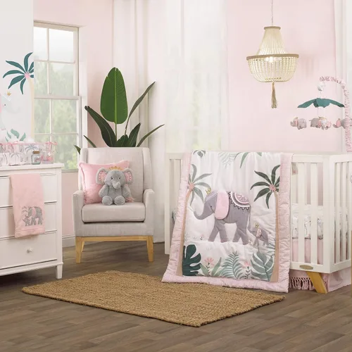 Vista 4 de NoJo Tropical Princess Elephant/Jungle Pink and Green - Sábana bajera ajustable para cuna (100% algodón)