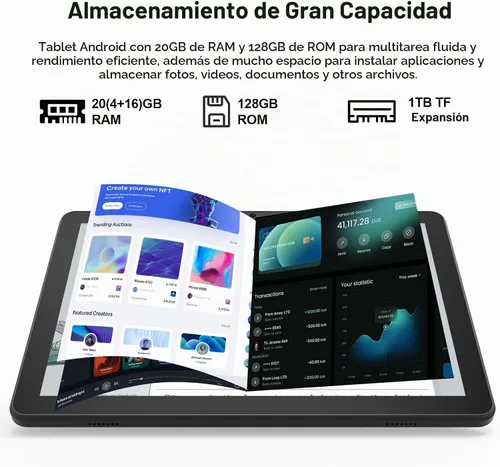 Vista 4 de Tableta de 10.1 Pulgadas Android 15.0, RAM 20GB (4+16Expand)+ROM 128GB, Batería de 6000mAh, Cámara Dual 2+8MP, Pantalla IPS HD Touch de 1280*800
