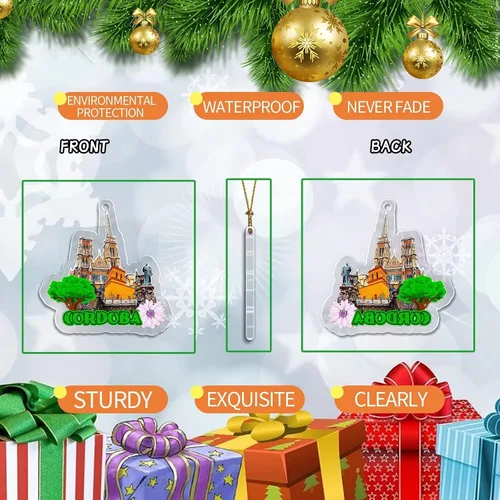 Vista 3 de Adorno navideño de Córdoba de Argentina de acrílico transparente de doble cara para decoración de árbol, colgante de recuerdo de viaje, colección