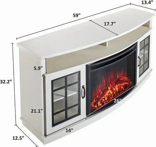 Vista 5 de AMERLIFE - Soporte de TV curvado con chimenea de 59 pulgadas con almacenamiento para televisores de hasta 65 pulgadas Blanco gastado