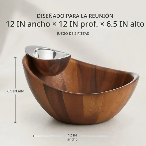 Vista 3 de Nambe - Colección Serveware - Harmony Chip y cuenco de inmersión - Mide 12 x 6.5 pulgadas - Fabricado con madera de acacia y aleación nambe