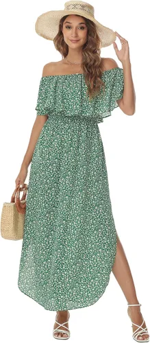 Vista 4 de Sarin Mathews - Vestido de fiesta para mujer, estilo casual largo hasta los tobillos, con volantes, hombros descubiertos, abertura lateral