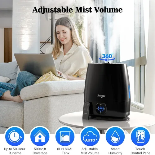 Vista 2 de Okaysou Humidificadores, humidificador inteligente y difusor de 6 litros para dormitorio, habitación grande, con control remoto, sin filtro