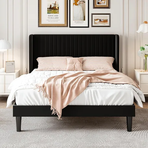 Vista 3 de SHA CERLIN Base de cama de terciopelo de tamaño matrimonial con cabecera capitoné de canal vertical, plataforma tapizada con listones de madera,