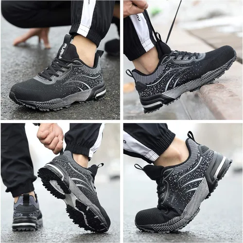 Vista 8 de Furuian Zapatos de punta de acero para hombres y mujeres, zapatos de trabajo de seguridad ligeros, cómodos, con puntera de acero, zapatillas