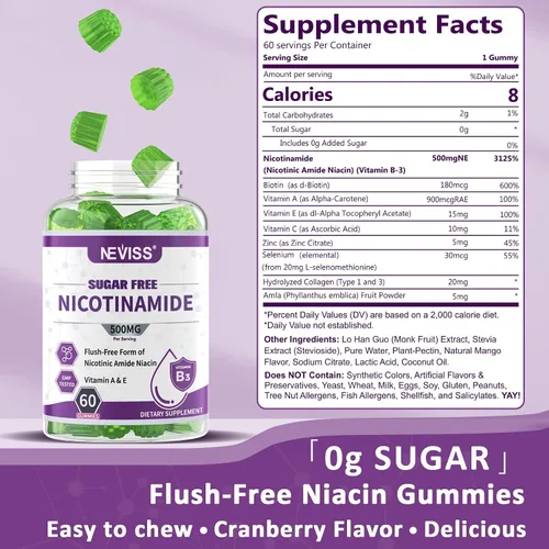 Vista 2 de Gomitas de nicotinamida de 500 mg (niacina libre de rubor) Suplemento de niacinamida de vitamina B3 para regeneración celular, niveles de NAD+