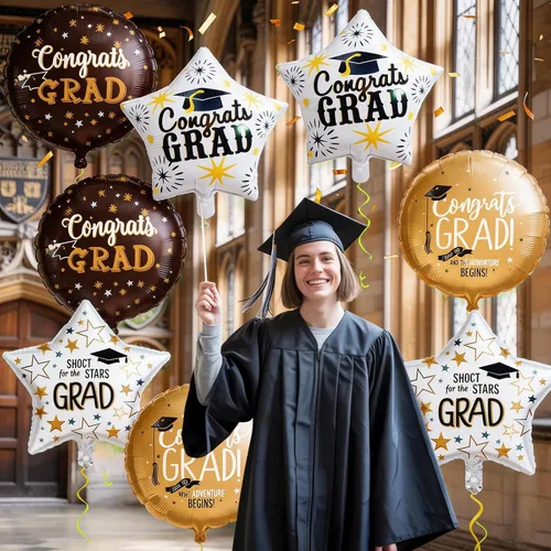 Vista 4 de Juego de decoraciones de globos de aluminio de graduación 2026, 8 globos redondos y de estrella de Congrats 2026 negros y dorados, globos de clase