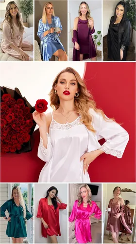 Vista 4 de Ekouaer Camisón de satén para mujer, conjunto de 2 piezas, ropa de dormir sexy de encaje