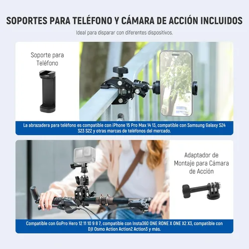 Vista 5 de NEEWER Super Clamp con Brazo Mágico de Cabeza Esférica Doble de 3", Zapata Fría, Roscas de 1/4", Adaptador de Montaje para Cámara de Teléfono/Acción