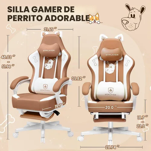 Vista 2 de GTPLAYER Silla de juegos linda con orejas de gato, ergonómica con bordado de perro, soporte lumbar de espuma viscoelástica ajustable y Marrón