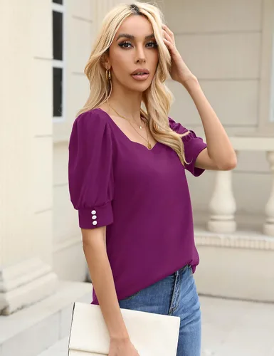 Vista 2 de Micoson Blusas casuales de manga corta abombada, cuello cuadrado, con puños de botón