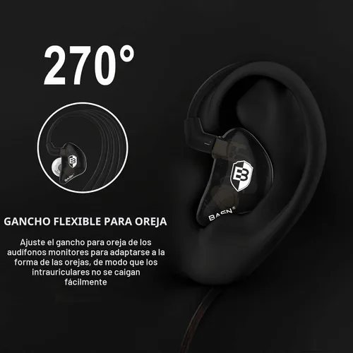 Vista 4 de BASN Bsinger PRO Monitores intrauditivos híbridos dinámicos controladores duales Dos cables MMCX desmontables Músicos Auriculares intrauditivos Negro
