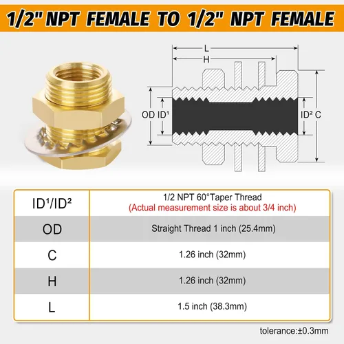 Vista 2 de KOOTNAS Paquete de 2 Accesorios de Mamparo de Latón Macizo, 1/2 NPT Cónico Hembra 1" Rosca Macho Recta Conector de Latón con Anillo Ondulado