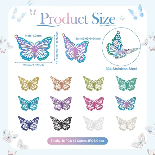 Vista 6 de Pandahall - 48 colgantes de acero inoxidable con diseño de mariposa y filigrana de colores, dijes de mariposa de animales, adornos de metal grabado