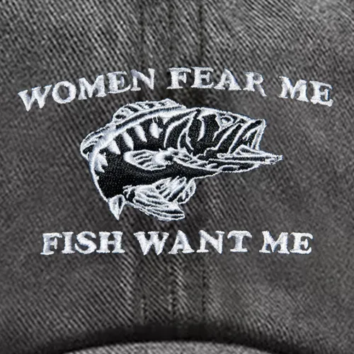 Vista 2 de Gorra bordada para mujer, diseño con texto en inglés "Fear Me Fish Want Me" para hombres y mujeres, divertida gorra de béisbol para papá, regalos