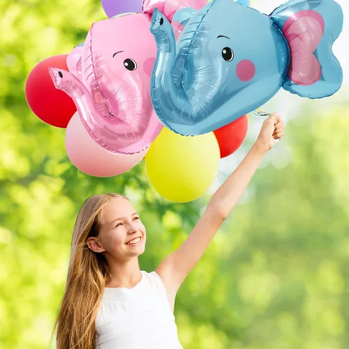 Vista 6 de Globo de elefante 4D, vida silvestre, selva, bosque, safari, suministros de fiesta de animales, paquete de 4 globos gigantes de cabeza de elefante