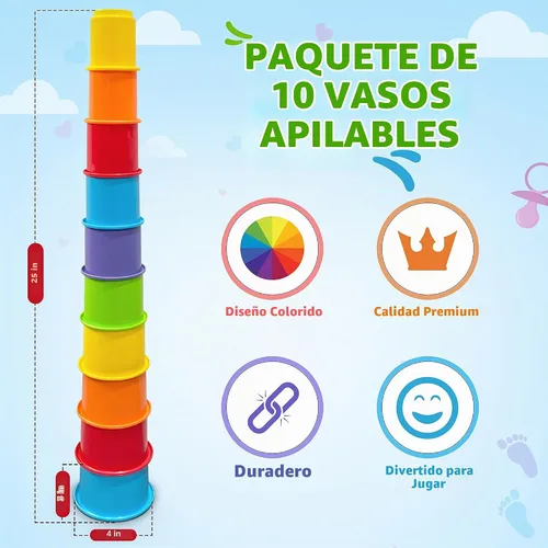 Vista 3 de Arco Iris Stacking & Nesting tazas Baby Set de construcción. 10 piezas. Con relieve caracteres Animal. Para Interior, Exterior, tina, y la playa