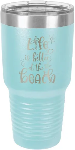 Vista 14 de La vida es mejor en la playa, vaso grabado de 76 ml con paja y tapa superior deslizante de acero inoxidable taza de viaje de acero inoxidable