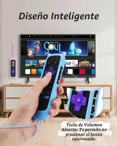 Vista 4 de ONEBOM - Juego de 2 fundas para control remoto Roku con diseño de orejas de Azul resplandor y rosa brillante