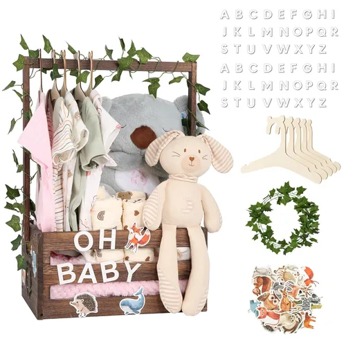Vista 12 de Cesta grande de regalos para baby shower, caja de madera, colgadores de letras de madera personalizadas para bebé recién nacido niña niño, regalos
