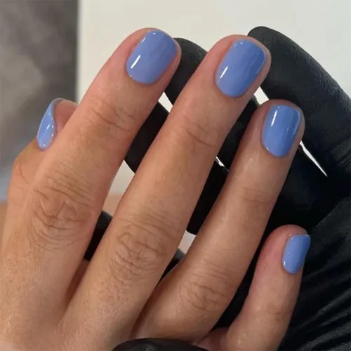 Vista 8 de Uñas postizas a presión azules cortas cuadradas con diseños, uñas postizas de color sólido, uñas acrílicas brillantes de cobertura completa