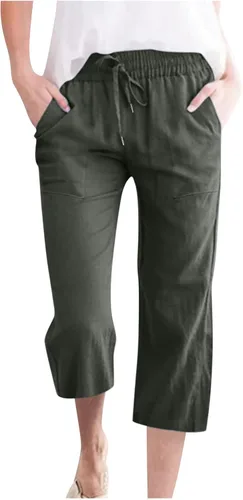 Vista 18 de Ceboyel Pantalones capri para mujer para verano, cintura elástica, pantalones de yoga, con cordón, pantalones de lino, pantalones de entrenamiento