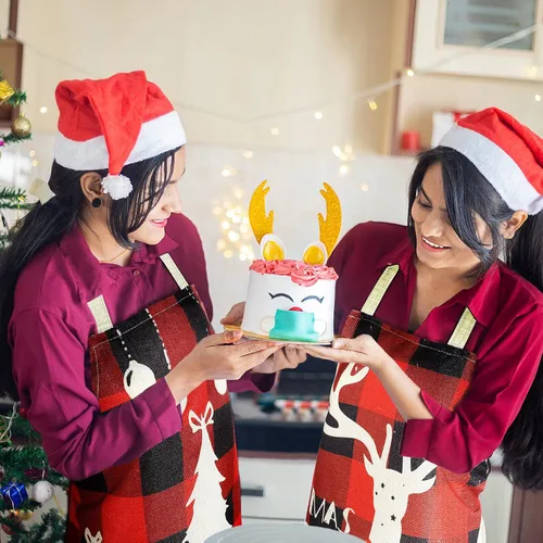 Vista 5 de Zhanmai 7 delantales de Navidad para mujeres y hombres, delantales de Navidad a cuadros rojos y negros, delantales de Navidad ajustables