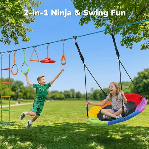 Vista 2 de Hapfan Juego de columpio de carrera de obstáculos Ninja Warrior de 50 pies Multicolor