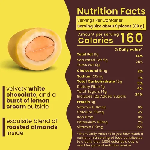 Vista 2 de Nutic Lemoncello - Almendras cubiertas de chocolate, 1 libra, almendras tostadas en chocolate blanco y crema de limón. Sabores cítricos