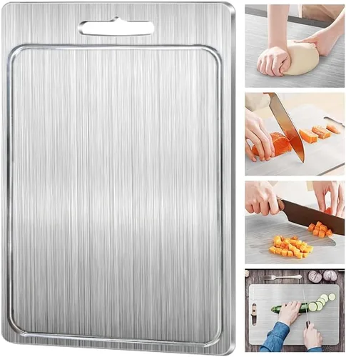 Vista 4 de Tabla de cortar de acero inoxidable con ranura de jugo integrada que ayuda a recolectar líquidos y evitar derrames, tabla de cortar de metal