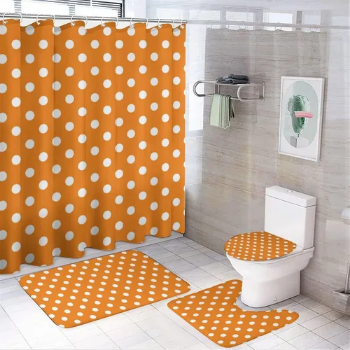 Vista 32 de Juego de 3 alfombras de baño con diseño de lunares, color azul aguamarina, antideslizante, con contorno en forma de U y tapa de inodoro