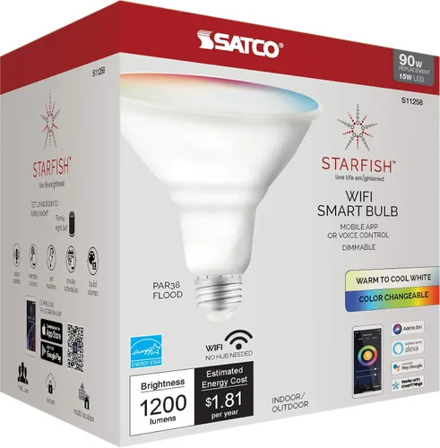 Vista 7 de Satco S11258 Starfish - Bombilla LED inteligente WiFi de 15 W, funciona con Siri, Alexa, Google Assistant, SmartThings, 2700K-5000K, PAR38, 1200