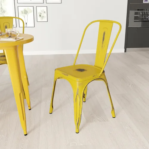 Vista 11 de Merrick Lane Banks - Silla apilable de comedor, marco de metal azul antiguo, acabado con recubrimiento en polvo envejecido, respaldo de listones