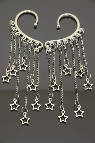 Vista 9 de Orejera de estrella, aretes de plata, sin perforaciones, piercing falso, brazalete de cadena larga, aretes de imitación de piercing llamativo