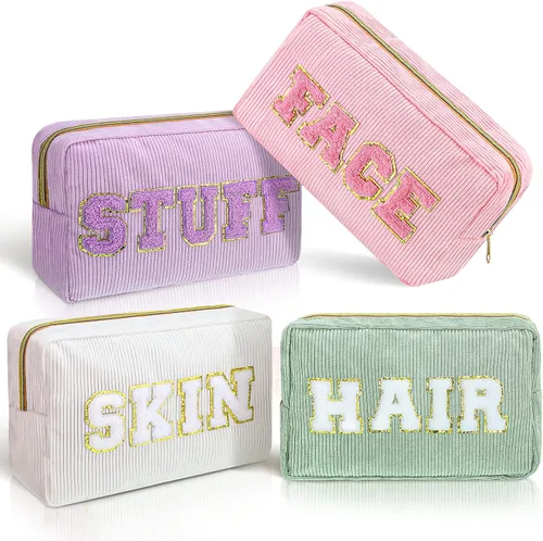 Vista 9 de Pinkunn 4 Piezas Bolsas de Maquillaje Preppy Bolsas de Chenilla con Letras de Viaje Organizador Facial Piel Cabello Higiene Cosmética Bolsa de Aseo