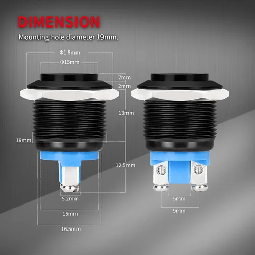 Vista 2 de DaierTek Interruptor de botón de bocina momentánea de 12 V y 0.748 in, interruptor de encendido de arranque redondo impermeable de metal negro