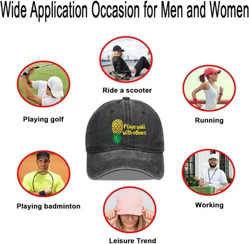 Vista 6 de Juega bien con otros sombreros de béisbol bordados al revés Gorra de béisbol de piña ajustable bordado de mezclilla