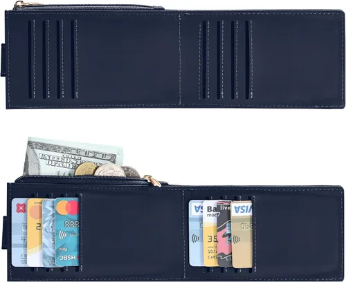 Vista 5 de Chelmon Billetera de mujer delgada con bloqueo RFID plegable multitarjetas con bolsillo con cremallera, Azul marino, Talla única, Minimalista